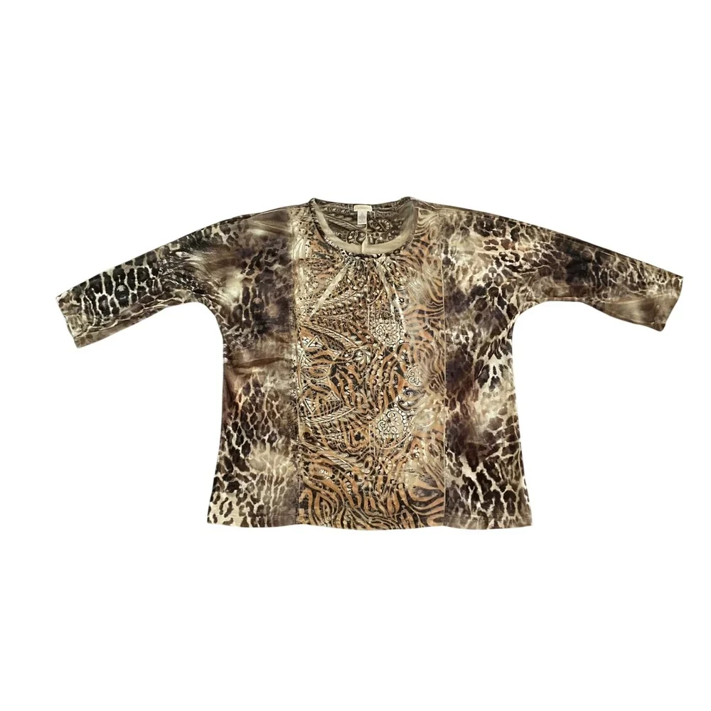 Chico's Blouse Women 2 Brown Animal Print Rhinestone Mixed Media 3/4 Sleeve Top